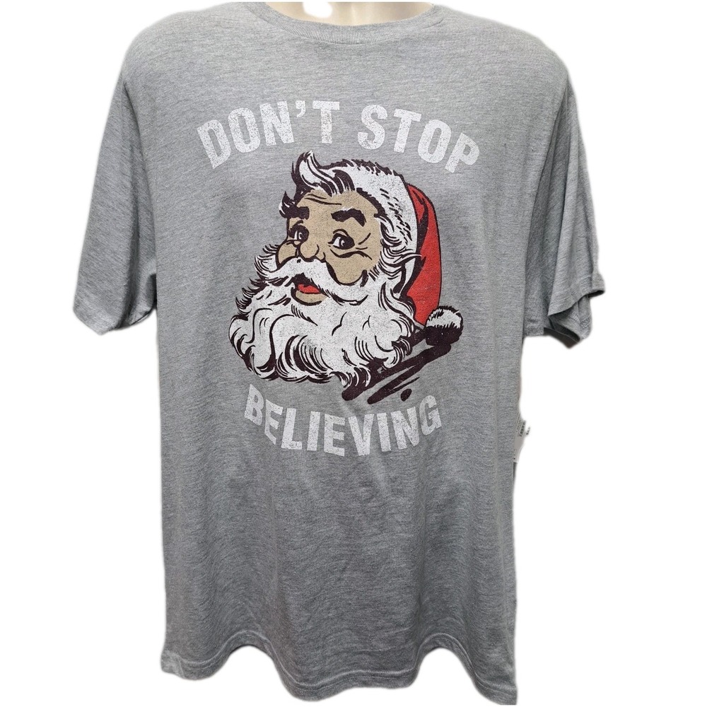 MENS Christmas Tshirt Sz XL Holiday Time "Don't Stop Believing" Santa Gray New